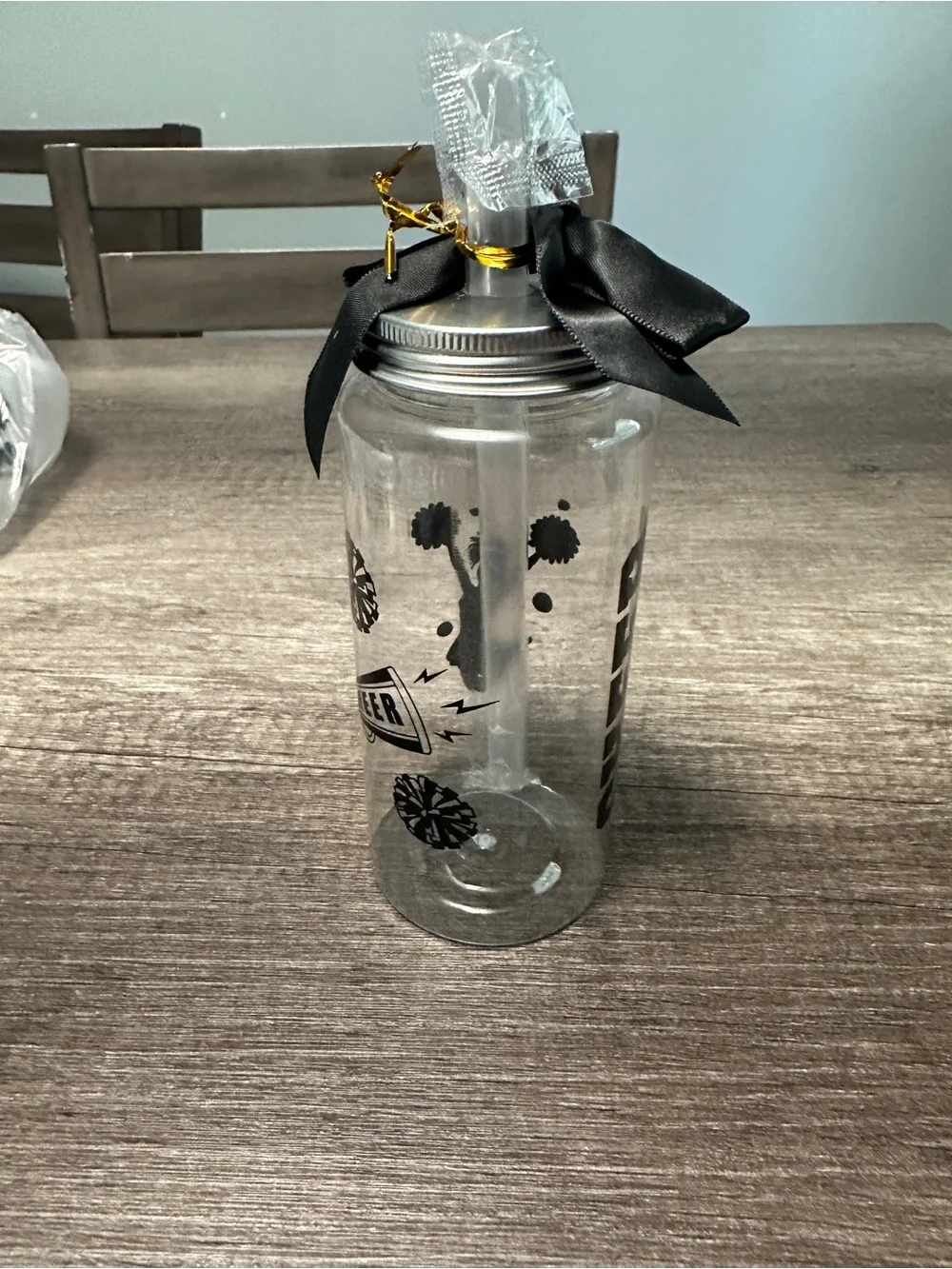Clear Plastic Cheerleading Tumblers w/ Lid & Straw, Black Bow 12 piece